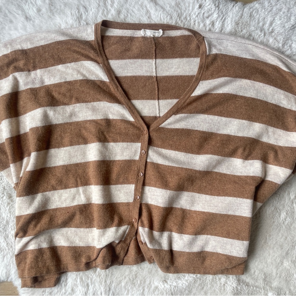 A’Reve Anthropologie Balloon Sleeve Brown and Cream Cardigan Sweater Siz…